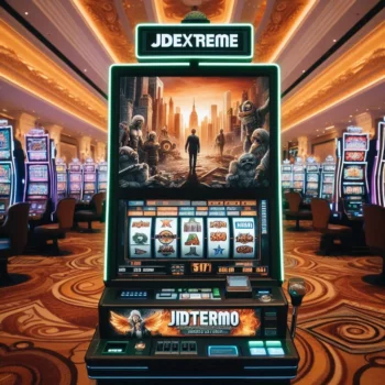 a futuristic slot machine at jd extreme, showcasing a post apocalyptic theme, immersing players in an adventurous gaming experience with stunning graphics and rewards