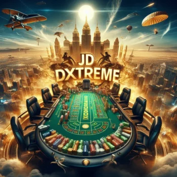 jdextreme digital illustration or painting that depicts a high stakes poker game set against a fantastical, futuristic cityscape