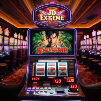 jdextreme slot machine in a casino featuring vibrant tropical themes action figures and various slot symbols like bonus wild and x100